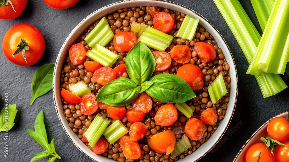 Fresh lentil salad with tomatoes, celery, and basil leaves, beautifully arranged. Fresh lentil salad with tomatoes, celery, and basil leaves, beautifully arranged.