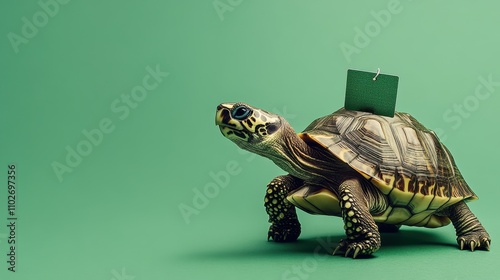 Turtle Pushing Price Tag Across a Green Background photo