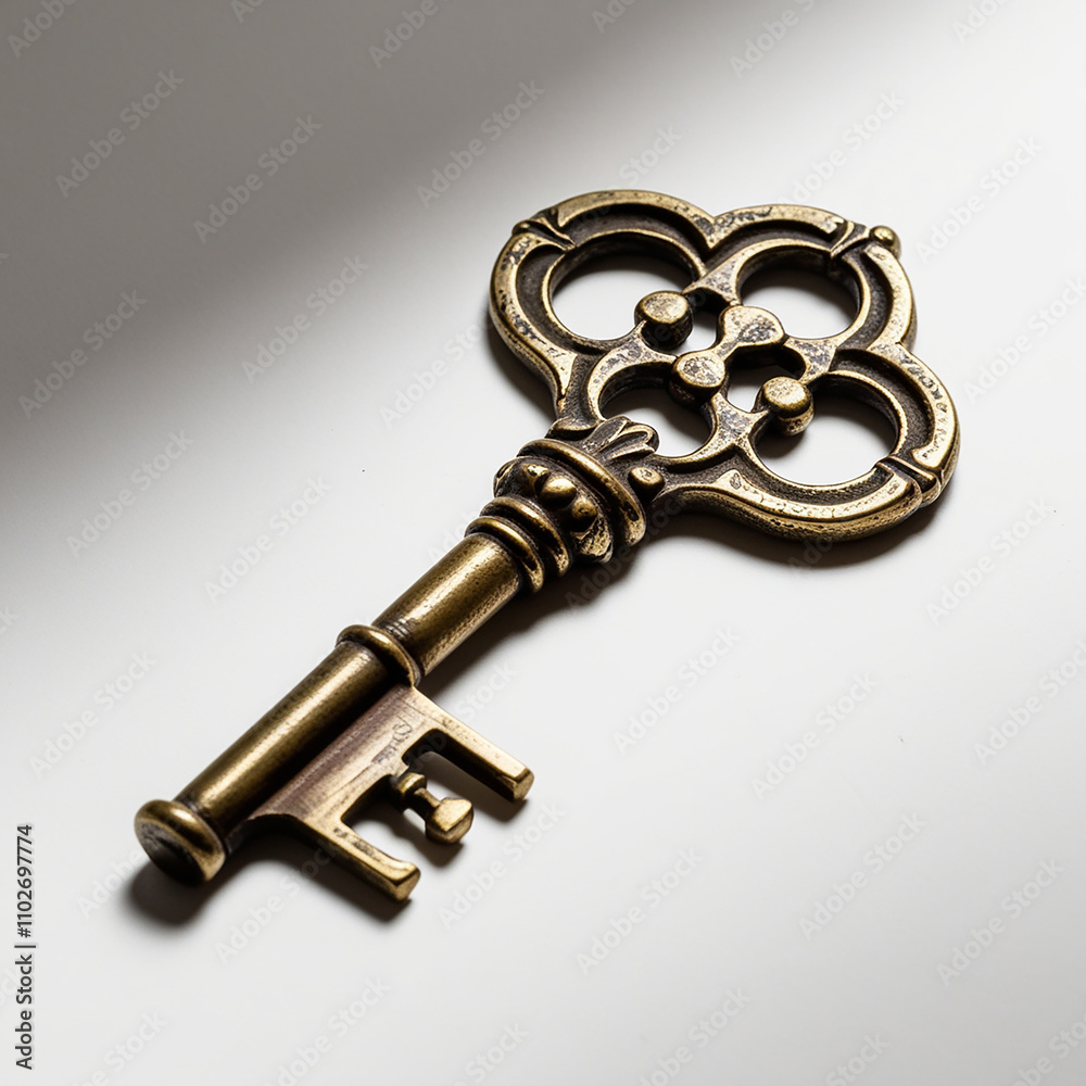 Intricate Antique Brass Key with Patina on White Background - Close-up Intricate Antique Brass Key with Patina on White Background - Close-up