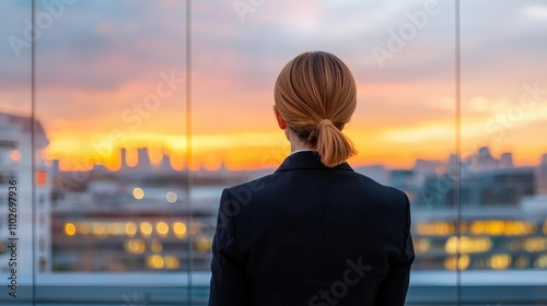 Businesswoman observing city skyline at sunset from a modern office.