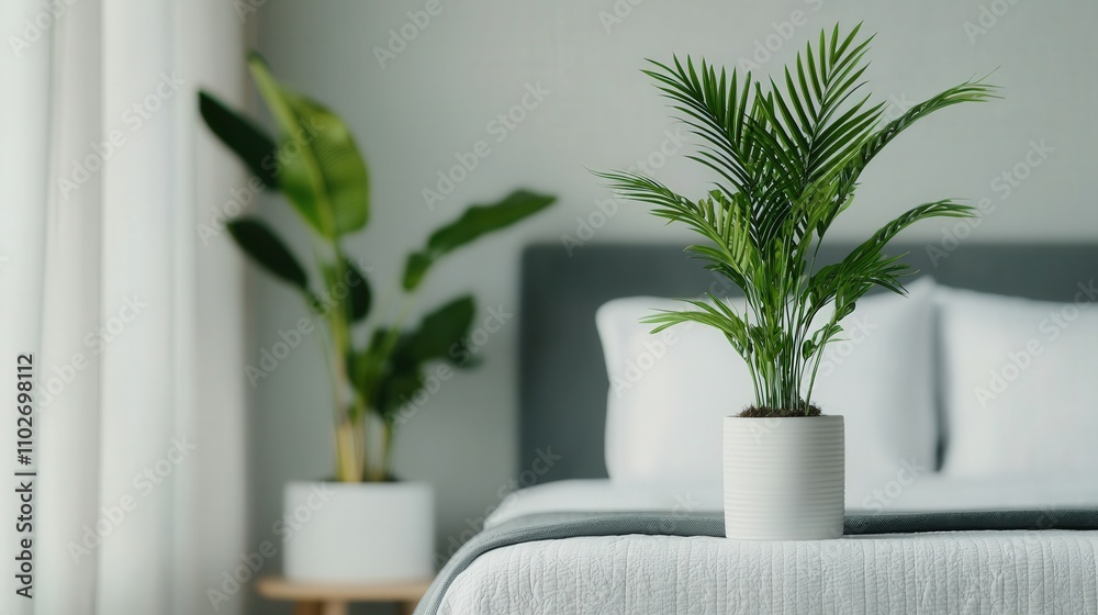 A cozy bedroom featuring two potted plants on a bed, creating a fresh and tranquil atmosphere. A cozy bedroom featuring two potted plants on a bed, creating a fresh and tranquil atmosphere.