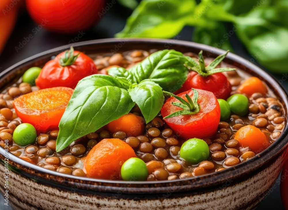 Lentil soup with fresh vegetables, garnished with basil leaves, on a rustic table. Lentil soup with fresh vegetables, garnished with basil leaves, on a rustic table.
