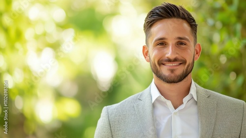 A smiling man in a light suit stands outdoors, surrounded by greenery, exuding confidence and approachability.