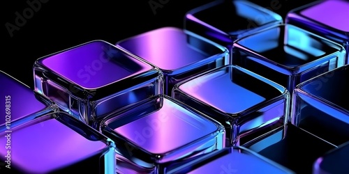 Reflective glowing glass squares with purple and blue hues on black background