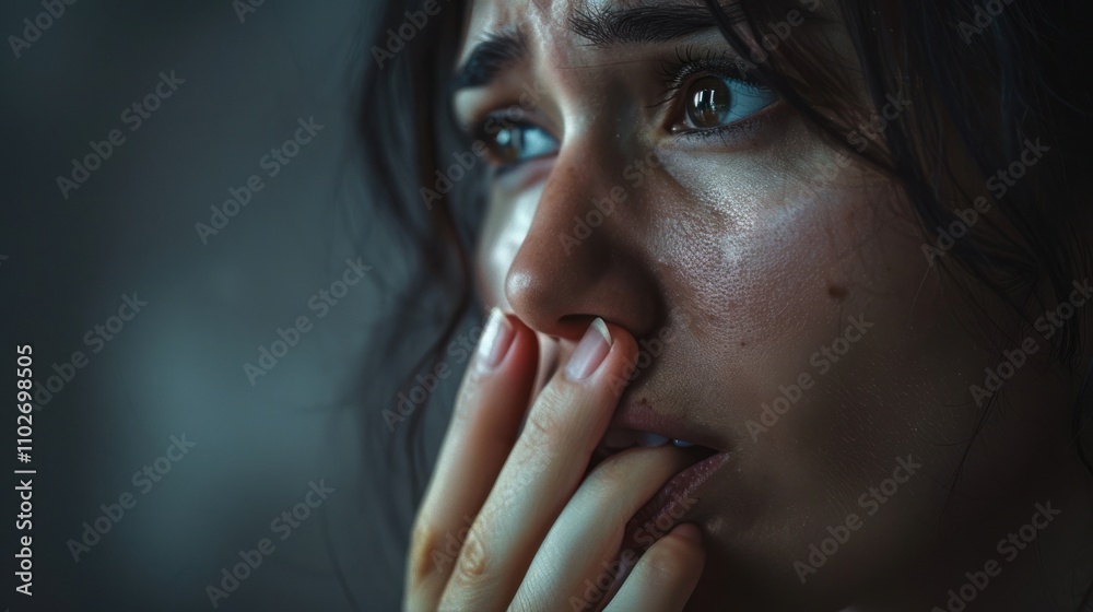 Woman biting her lip with nervousness and anxiety in her heart, AI generated image Woman biting her lip with nervousness and anxiety in her heart, AI generated image