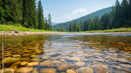 Forest restoration project mountain river nature photography scenic landscape close-up view clean water source for ecosystem health photo