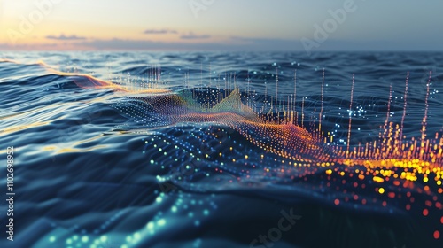 A captivating blend of digital data points flowing across a vast ocean surface at sunset, symbolizing innovation, technology, and nature's beauty in harmony. AI generated.