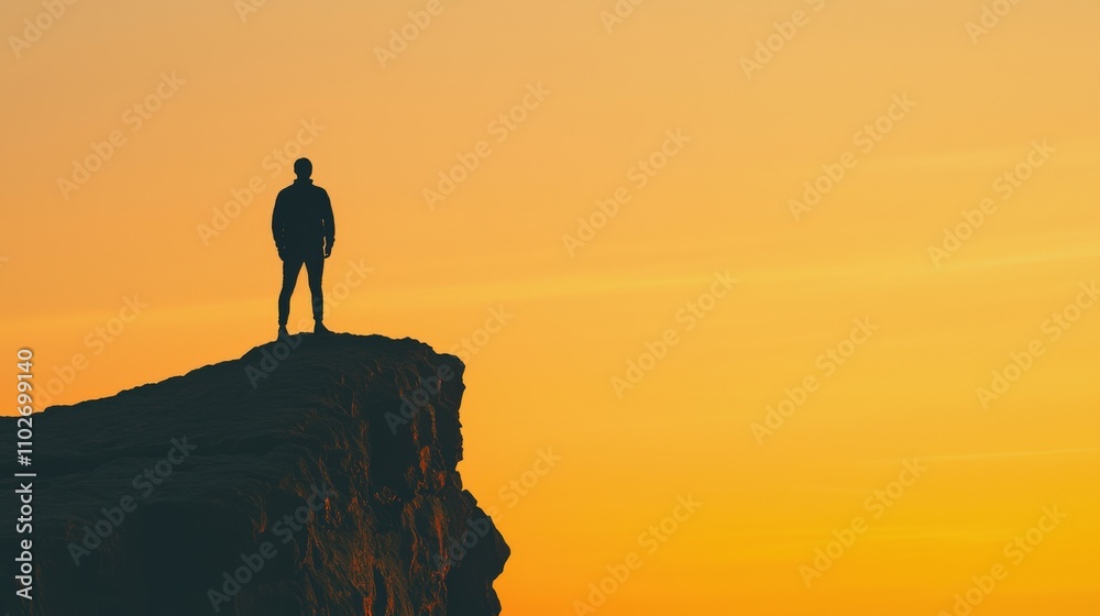 A silhouetted figure stands on a cliff at sunset, enjoying a breathtaking view of the vibrant orange sky. A silhouetted figure stands on a cliff at sunset, enjoying a breathtaking view of the vibrant orange sky.