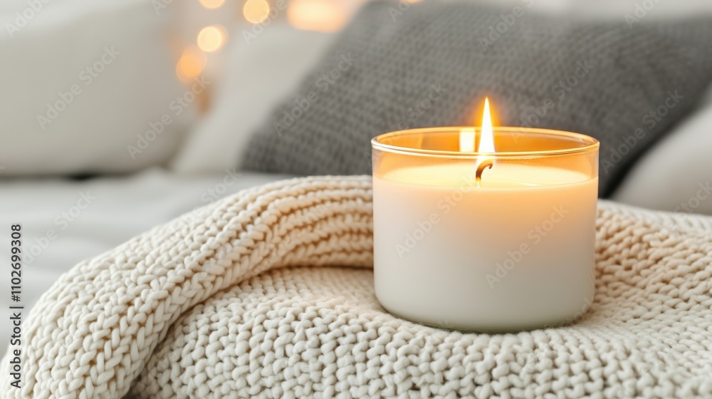 A cozy candle is lit atop a soft knitted blanket, creating a warm and inviting atmosphere, perfect for relaxation or a peaceful evening. A cozy candle is lit atop a soft knitted blanket, creating a warm and inviting atmosphere, perfect for relaxation or a peaceful evening.