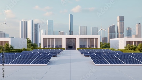 Innovative solar-powered ecolab featuring wind turbines and advanced technology in a modern urban landscape photo