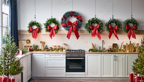 Kitchen decorated with Christmas wreaths and red bows photo