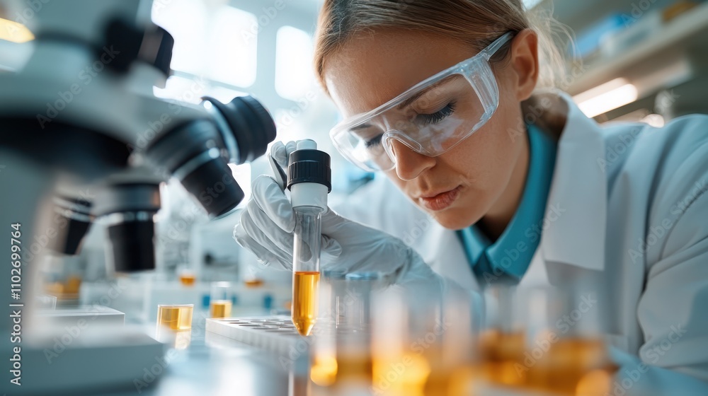 In a bright lab environment, a female scientist with goggles examines samples with dedication, showcasing the precision and focus of scientific investigation. In a bright lab environment, a female scientist with goggles examines samples with dedication, showcasing the precision and focus of scientific investigation.