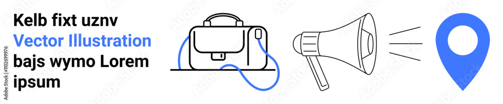 Text in black and blue alongside icons of a briefcase, megaphone, and location pin. Ideal for marketing, business, announcements, navigation, communication, workplace materials, and infographics Text in black and blue alongside icons of a briefcase, megaphone, and location pin. Ideal for marketing, business, announcements, navigation, communication, workplace materials, and infographics