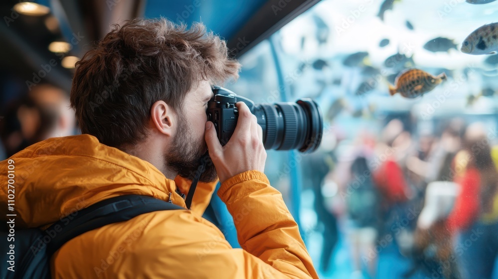 A photographer in a yellow jacket carefully documents the wonders of aquatic life through a glass pane in an aquarium, emphasizing focus and passion in photography. A photographer in a yellow jacket carefully documents the wonders of aquatic life through a glass pane in an aquarium, emphasizing focus and passion in photography.