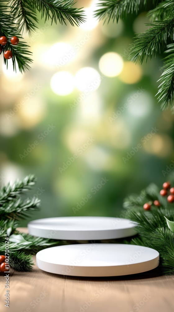 A festive display with evergreen branches and berries frames two cylindrical platforms on a wooden surface, evoking holiday cheer with a blurred bokeh background. A festive display with evergreen branches and berries frames two cylindrical platforms on a wooden surface, evoking holiday cheer with a blurred bokeh background.