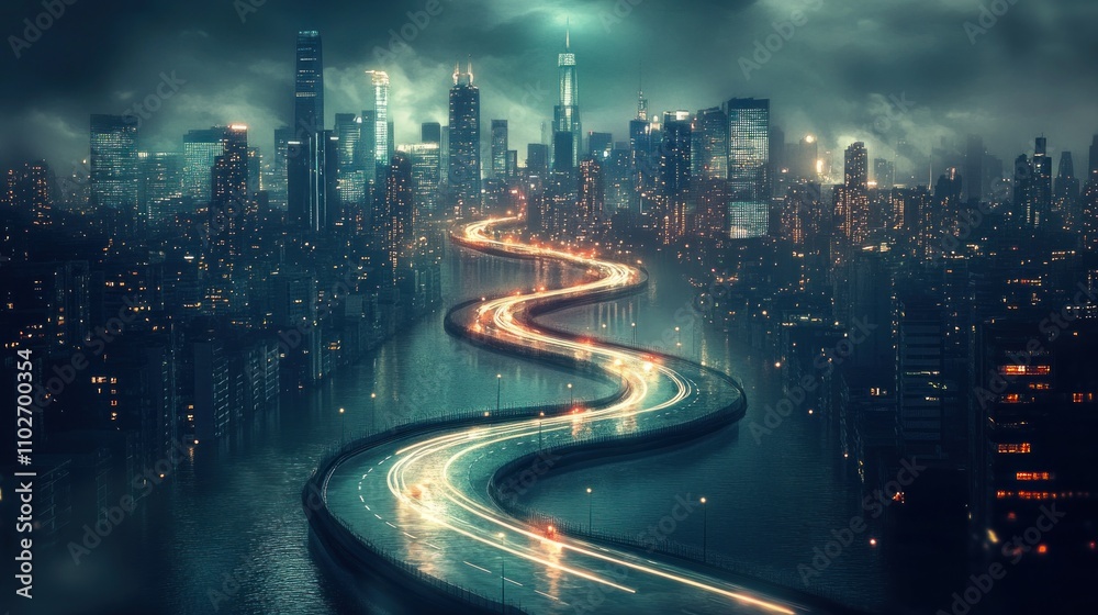 Night cityscape with winding road along river. Night cityscape with winding road along river.