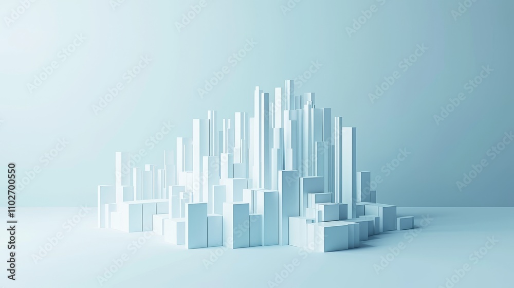 Futuristic cityscape formed from white geometric blocks, creating an abstract urban skyline. Ideal for architectural, technology, or modern design themes. AI generated.