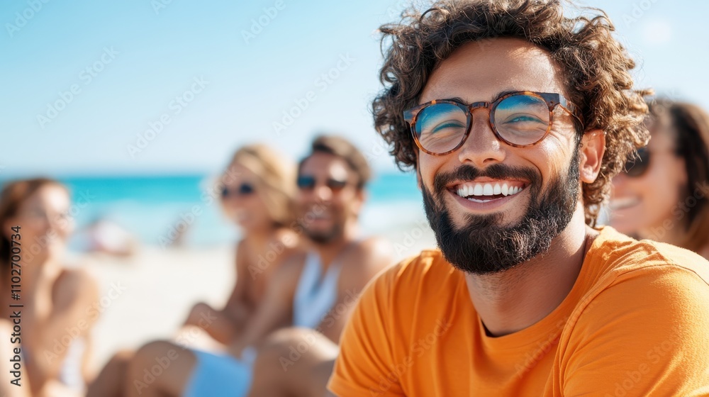 Obraz premium A man with curly hair and a broad smile enjoys a sunny beach day surrounded by friends, embodying joy and carefree summer vibes at the seaside.