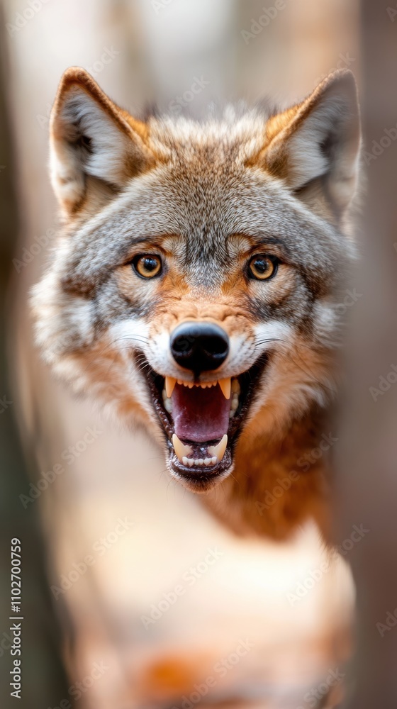 Fototapeta premium A dramatic image of a wolf baring its teeth in a snarl, set against a blurred forest background, conveying wildness and untamed spirit.