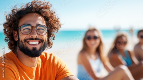 A cheerful man, dressed casually in orange, smiles brightly under the sun on a lively beach day, depicting happiness and sheer summer relaxation. photo