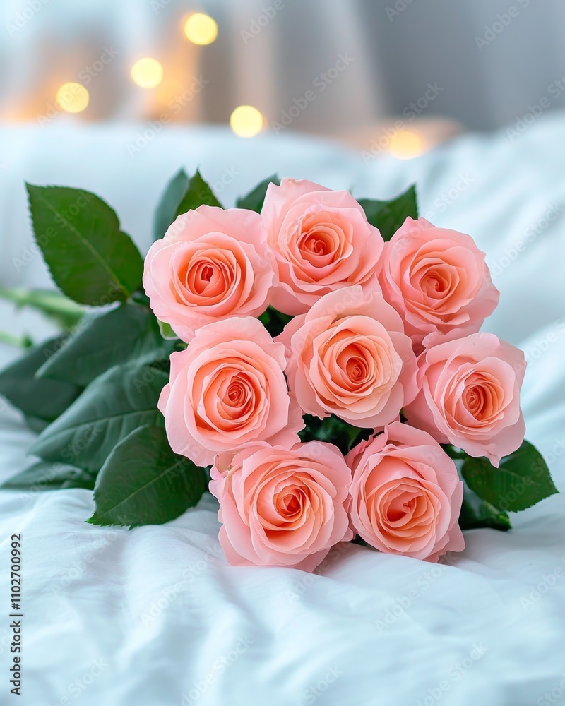 Fototapeta premium Serene Still Life with Fresh Pink Roses, White Pastel Table, and Cozy Bedding