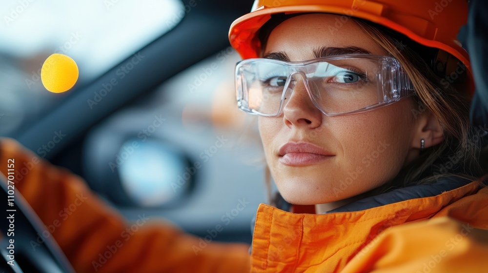 A confident female engineer wearing an orange hard hat and safety glasses is pictured inside a vehicle, highlighting a focus on road safety and engineering expertise. A confident female engineer wearing an orange hard hat and safety glasses is pictured inside a vehicle, highlighting a focus on road safety and engineering expertise.