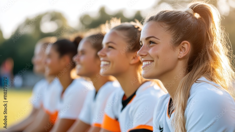 Obraz premium A group of young female soccer players smile and enjoy the moment together, sitting on a bench on a field during a bright, sunny eventful evening.