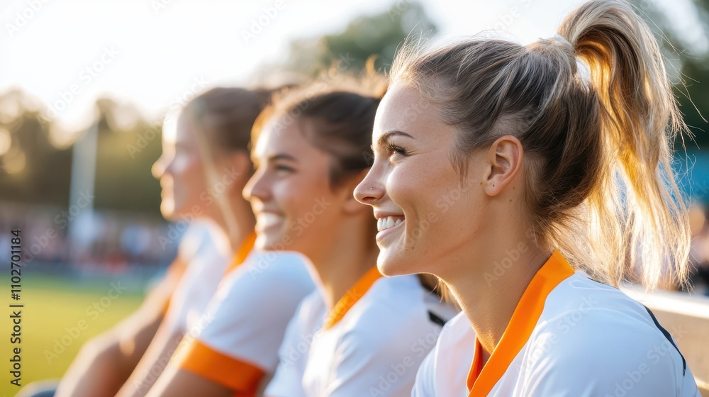 A girls' soccer team is pictured on the sidelines in uniform, with bright smiles and positive energy reflecting the excitement and companionship of the sport. A girls' soccer team is pictured on the sidelines in uniform, with bright smiles and positive energy reflecting the excitement and companionship of the sport.