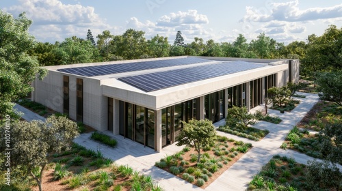 Innovative green technology research center natural surroundings architectural design sustainable environment aerial view eco-friendly concept