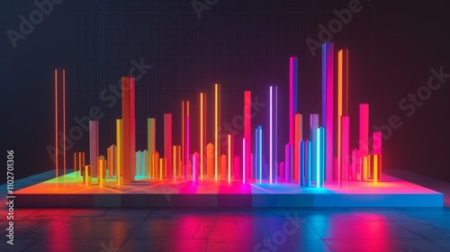 A striking 3D-rendered image featuring a futuristic neon bar chart in various bright colors, glowing against a dark background. The vibrant design illustrates data visualization in an innovative and