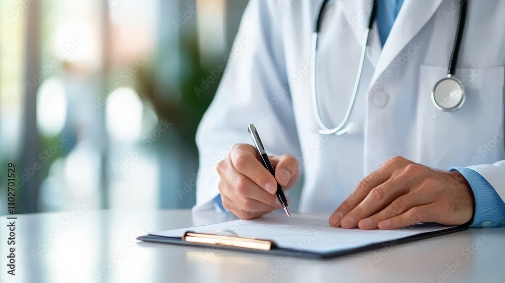 A medical professional focuses on writing on a clipboard in a brightly lit office environment, symbolizing accuracy and care in professional healthcare service. A medical professional focuses on writing on a clipboard in a brightly lit office environment, symbolizing accuracy and care in professional healthcare service.