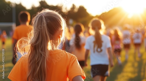 A group of kids wearing vibrant clothing walk towards the sunset, capturing themes of freedom, playfulness, and youthful exuberance in a picturesque scene. photo