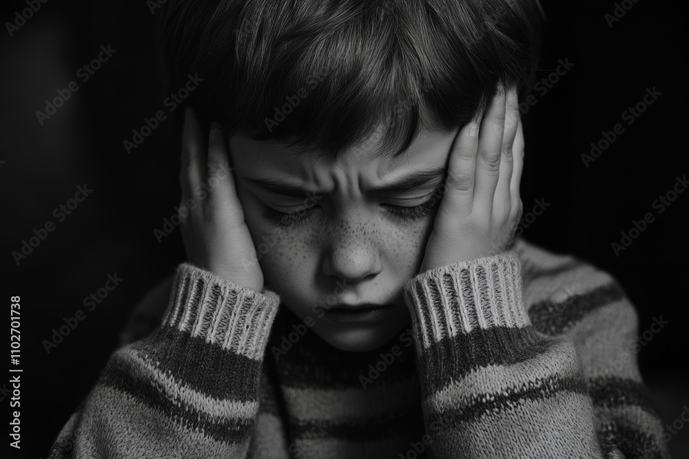Child covering ears in distress within a dimly lit room during a troubling moment Child covering ears in distress within a dimly lit room during a troubling moment