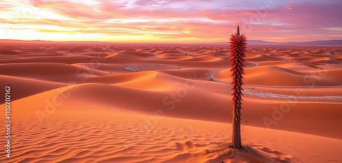 A serene Namibe Desert landscape at sunset, with endless golden dunes softly illuminated by a warm, golden light, casting a tranquil glow on the vast expanse of sand, and in the foreground. photo