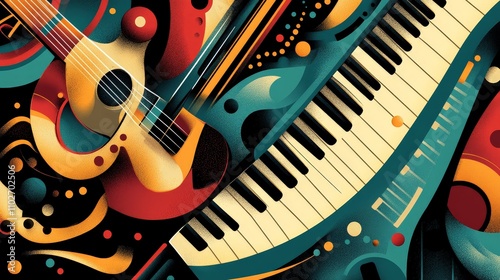 A vector illustration of a musical instrument, such as a guitar or piano. The design features detailed elements and a rich color palette to reflect the beauty and complexity of music.