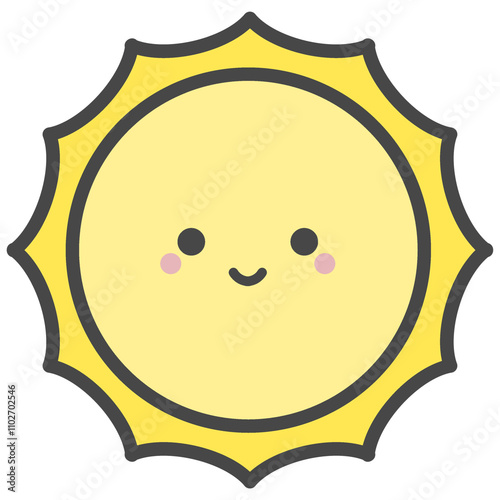 Cute sun with smiling face and pink cheeks clipart. isolated on transparent background.