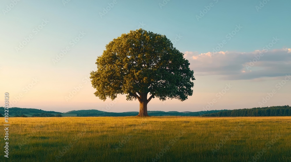 Obraz premium Lonely tree standing in a vast field during sunset, serene landscape view.