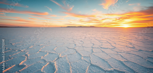 A surreal landscape of the expansive salt flats of Lobito, bathed in the warm, golden light of a midday sun, with delicate white salt crusts glistening like a mosaic of tiny mirrors. photo