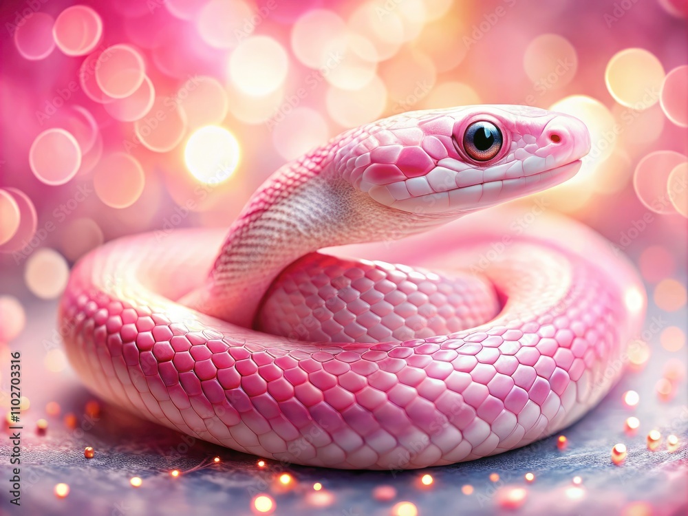 Fototapeta premium Cute Pink Watercolor Snake, Beautiful Serpent Bokeh Art, Pretty Reptile Painting, Fantasy Snake Illustration