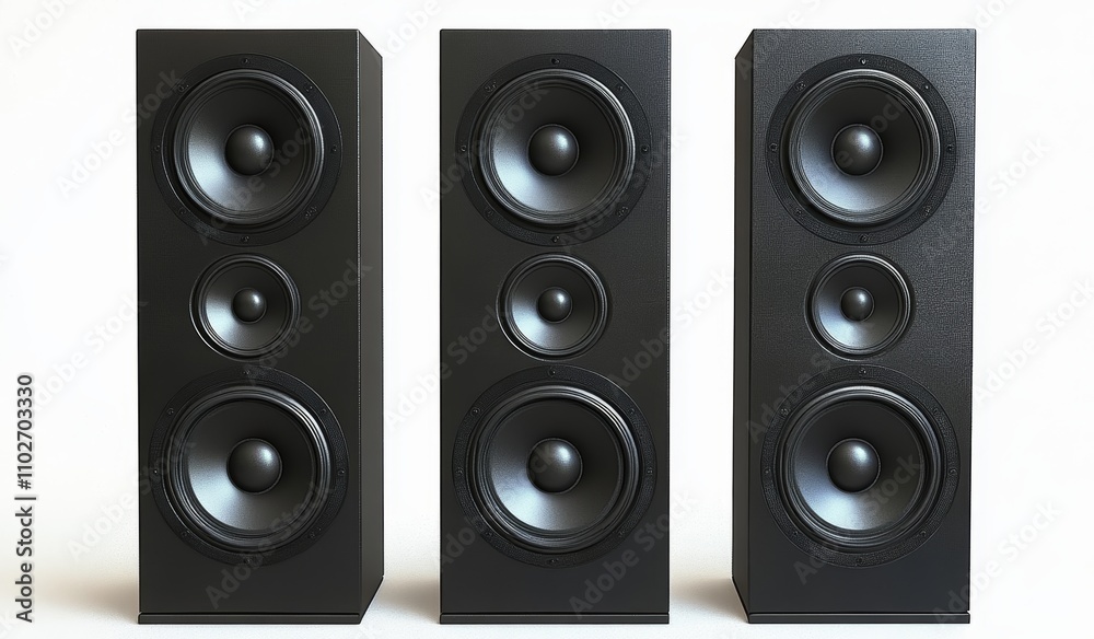 Black Speaker Set with Four Speakers Each Modern Audio Equipment for Music and Studio Use Black Speaker Set with Four Speakers Each Modern Audio Equipment for Music and Studio Use