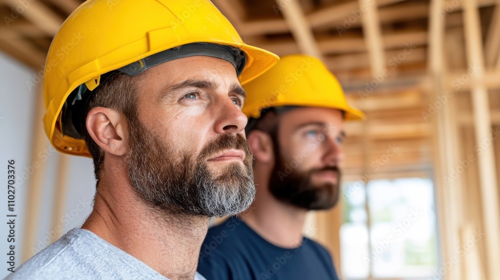 Two construction workers in yellow helmets thoughtfully examine the wooden framework inside a building, embodying concentration and craftsmanship in construction. Two construction workers in yellow helmets thoughtfully examine the wooden framework inside a building, embodying concentration and craftsmanship in construction.