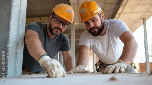 Two male construction workers focus intently as they collaboratively work on a construction site, both wearing safety helmets and protective gloves, under a sunlit sky. photo