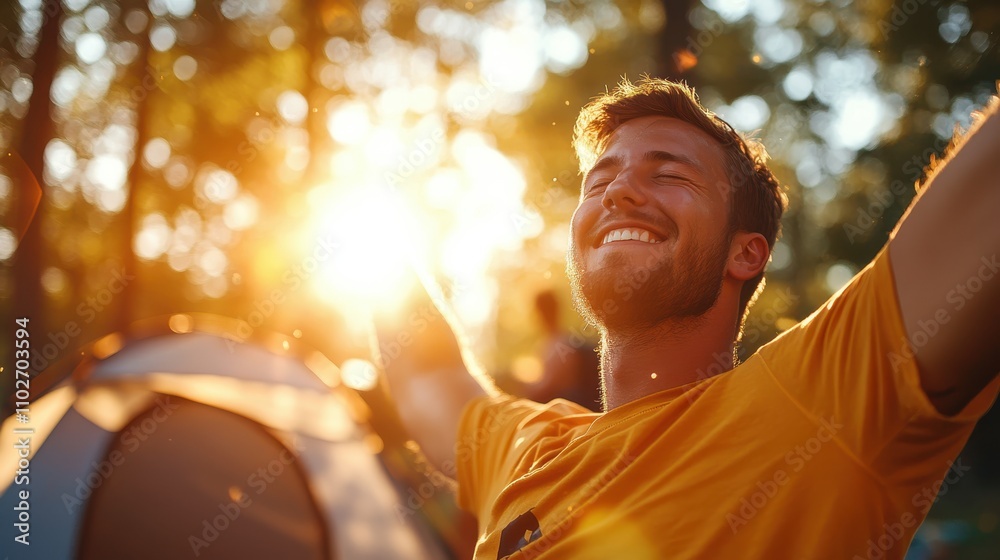 A joyful man with a beard raises his arms triumphantly as the sun sets, celebrating outdoor adventure and the freedom found in nature's embrace. A joyful man with a beard raises his arms triumphantly as the sun sets, celebrating outdoor adventure and the freedom found in nature's embrace.