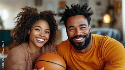 A cheerful couple leans close together in a cozy living room, both smiling widely while holding a basketball, showing companionship and happiness.