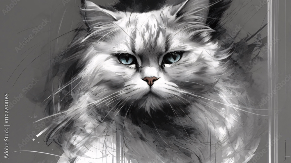 White Persian Cat Abstract Painting with Powerful Strokes and Splashing Effects