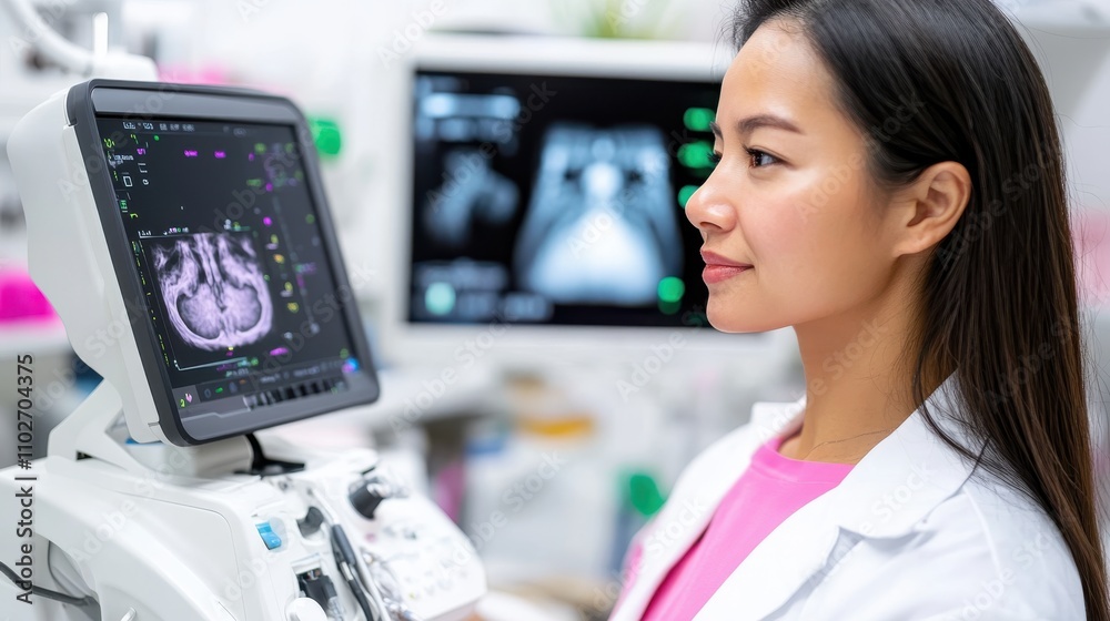A young female doctor in a lab coat examines brain scan images using modern medical tools, showcasing a blend of technical expertise and attentive process. A young female doctor in a lab coat examines brain scan images using modern medical tools, showcasing a blend of technical expertise and attentive process.
