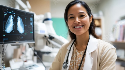 A female doctor in a white coat with a stethoscope smiles while examining radiology images in a medical office. The environment is clean and bright highlighting professionalism. Free Download A female doctor in a white coat with a stethoscope smiles while examining radiology images in a medical office. The environment is clean and bright highlighting professionalism. - GFXLoad