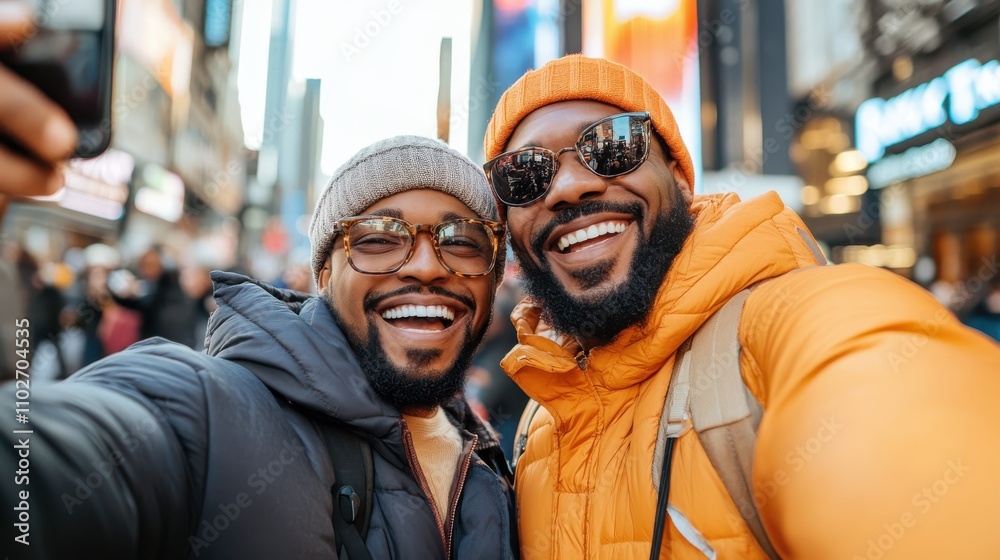 Two friends sharing a cheerful moment in winter coats, capturing the warmth of friendship and joy against the lively backdrop of a winter cityscape. Two friends sharing a cheerful moment in winter coats, capturing the warmth of friendship and joy against the lively backdrop of a winter cityscape.