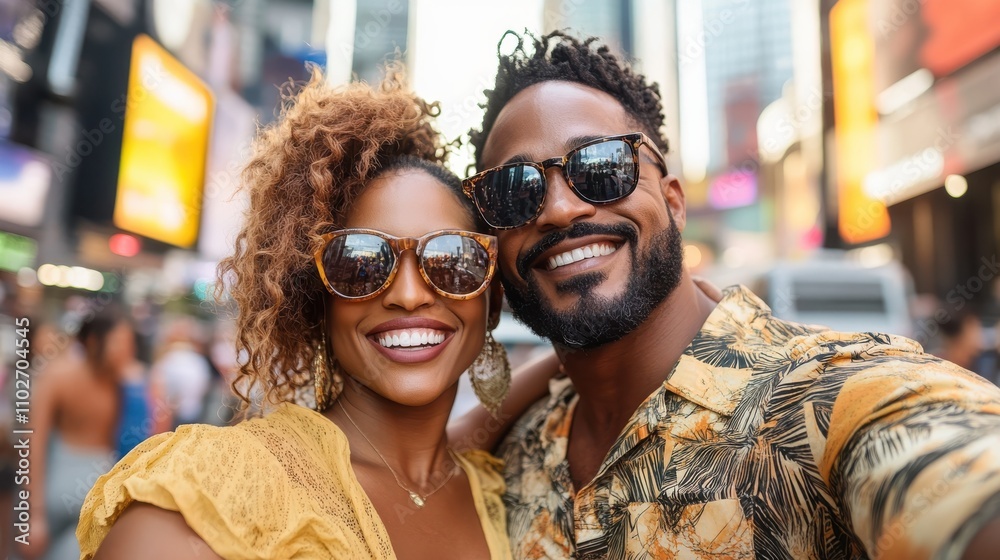 A happy couple wearing sunglasses takes a joyful selfie on a bright, bustling city street, evoking warmth and affection during their urban exploration. A happy couple wearing sunglasses takes a joyful selfie on a bright, bustling city street, evoking warmth and affection during their urban exploration.