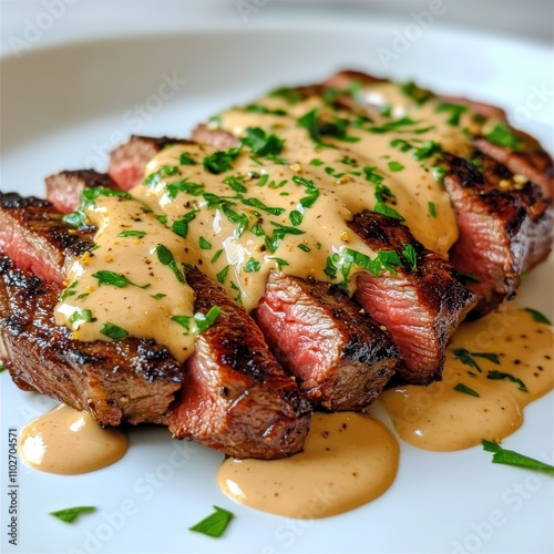 A hearty steak dish, grilled to perfection, drizzled with creamy sauce and garnished with fresh parsley, served elegantly on a white plate. photo